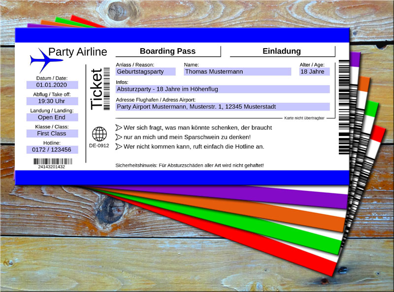 Geburtstag Einladungskarten als Flugticket Blau