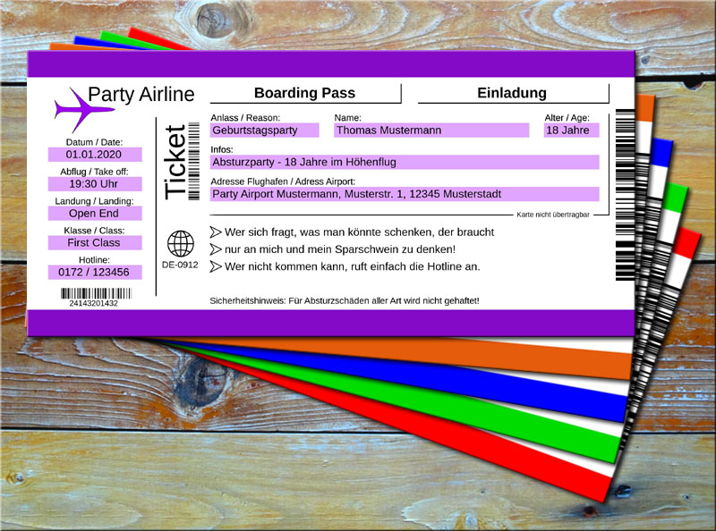 Geburtstag Einladungskarten als Flugticket Lila