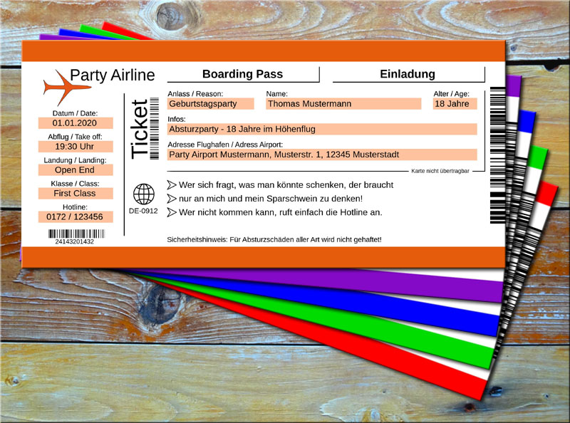 Geburtstag Einladungskarten als Flugticket Orange