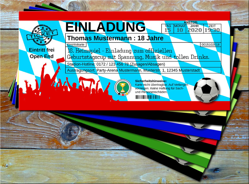 Fussball Einladungskarten im Ticketformat Bayern-Design