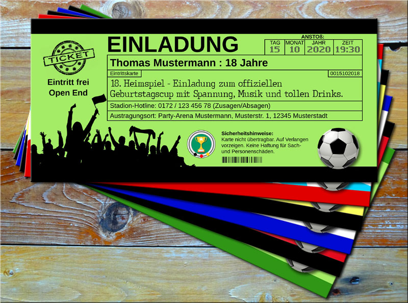 Fussball Einladungskarten im Ticketformat Grün/Schwarz