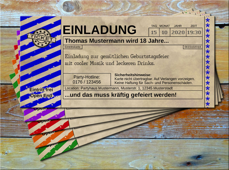 Einladungskarten Vintage Ticketformat mit Schraffur Blau