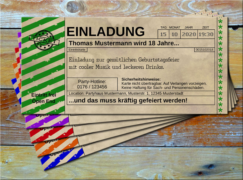Einladungskarten Vintage Ticketformat mit Schraffur Grün