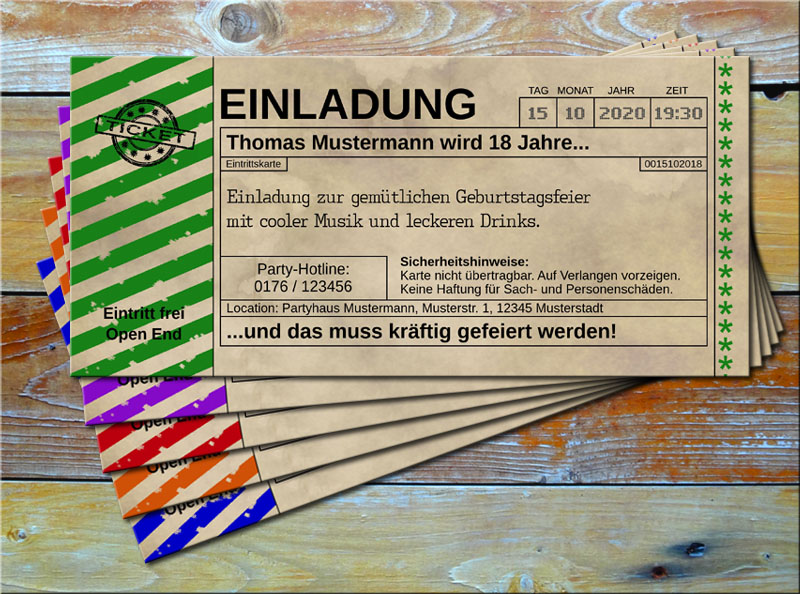 Einladungskarten Vintage Ticketformat mit Schraffur Grn