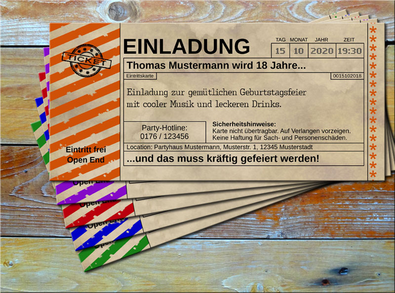 Einladungskarten Vintage Ticketformat mit Schraffur Orange