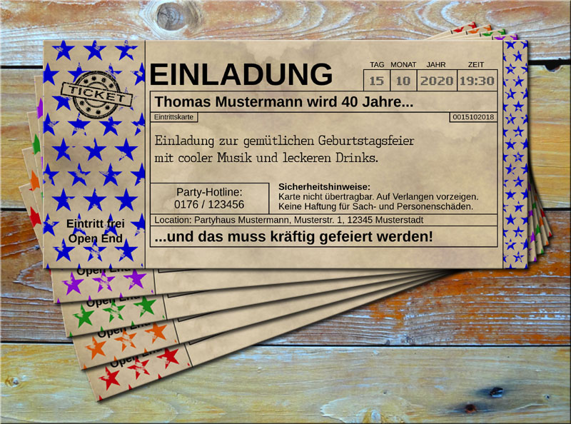 Einladungskarten Vintage Ticketformat Stars Blau