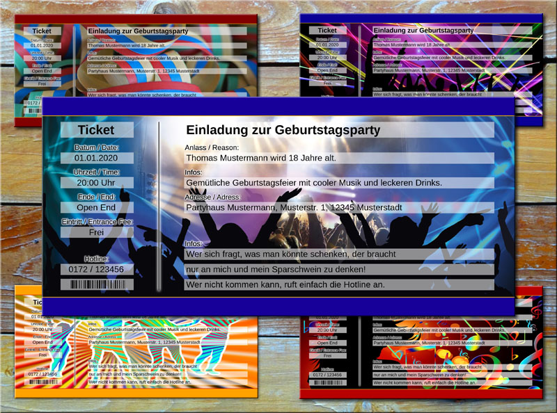 Geburtstag Einladungskarten als Party Ticket Blau