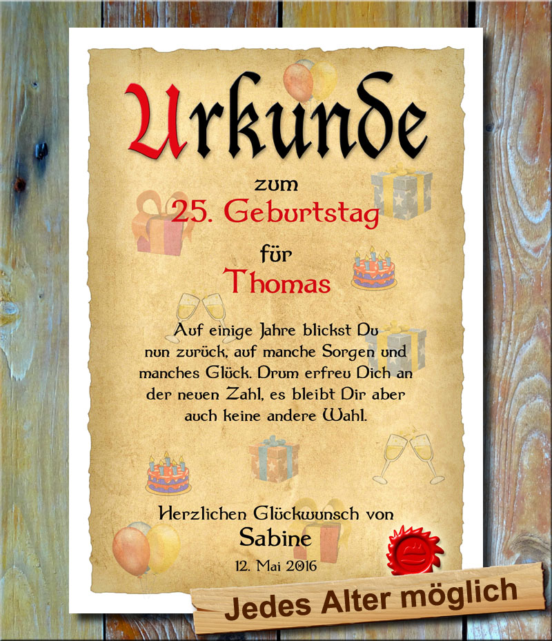 Urkunde 25. Geburtstag Geschenke