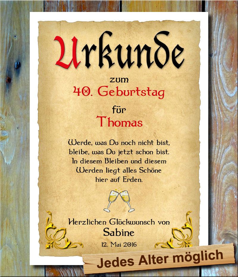 Urkunde 40. Geburtstag Goldecken