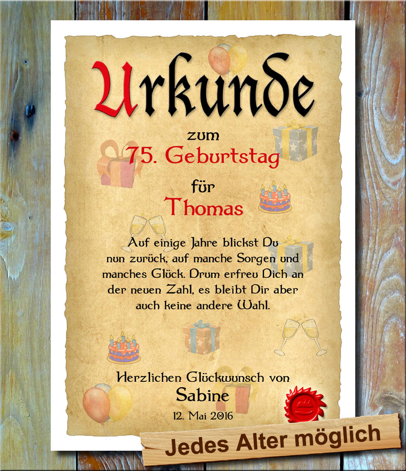 Urkunde 75. Geburtstag Geschenke