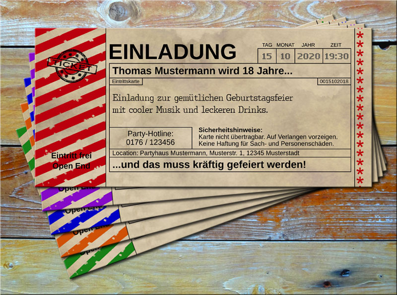 Einladungskarten Vintage Ticketformat mit Schraffur Rot