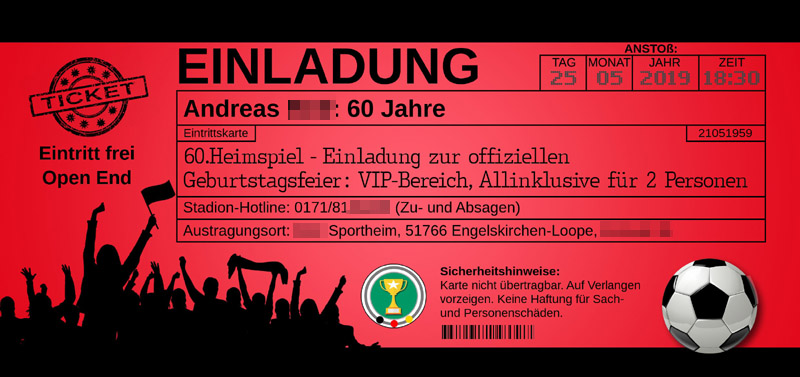 EINLADUNG ZUM GEBURTSTAG ALS FUSSBALL TICKET EINTRITTSKARTE IN SCHWARZ ROT