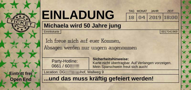 EINLADUNGSKARTEN ZUM GEBURTSTAG IM OLD STYLE TICKET FORMAT MIT GRUENEN STERNEN